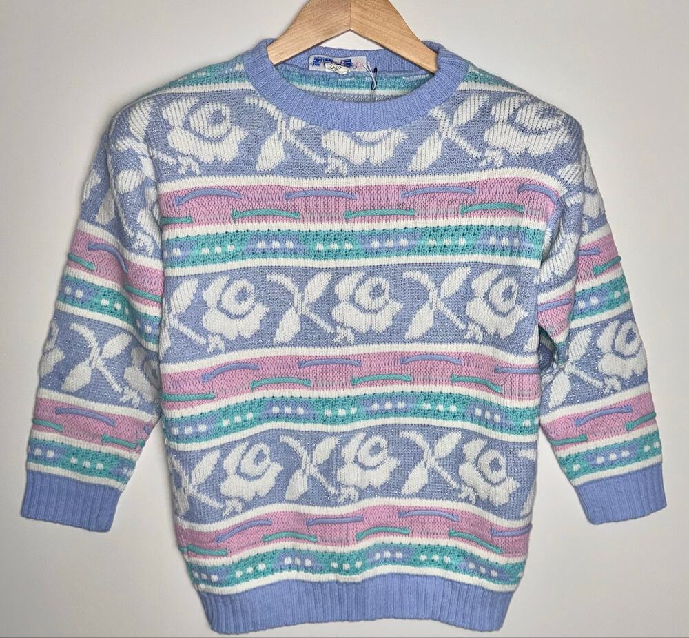 Vintage 80s ROSE Pastel Floral Lurex Sparkle Sweater Made USA Womens Medium